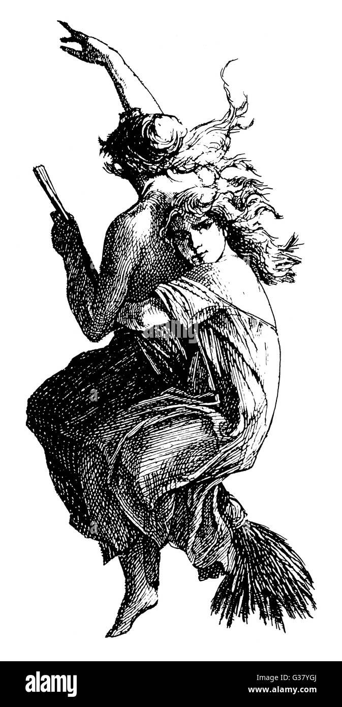 Eine junge Hexe bekommt einen Aufzug auf den Besen ihres älteren Gefährten für den Sabbat verlassen. Stockfoto