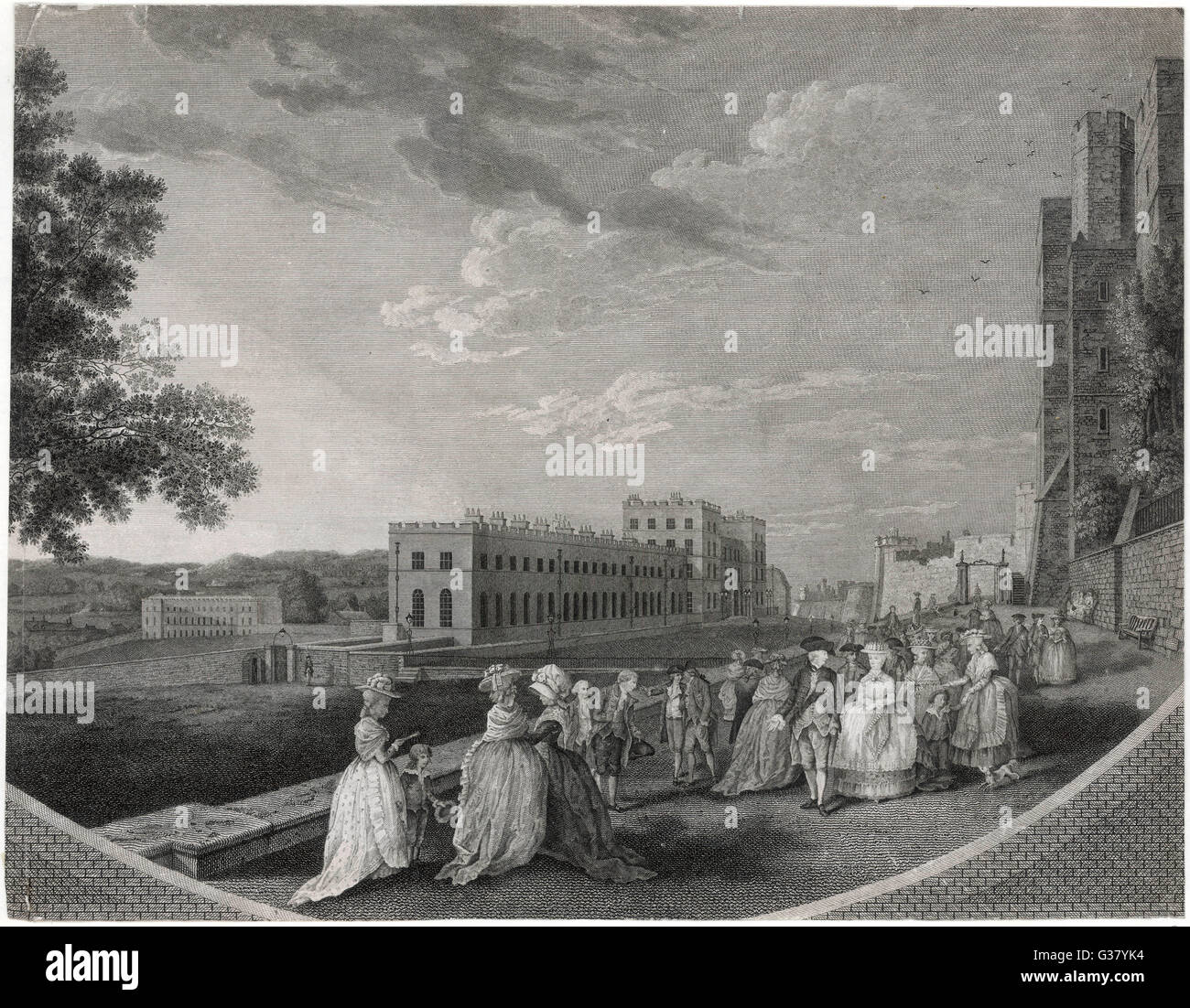 König George III von England (1738-1820) nimmt einen Spaziergang im Schlosspark mit Familie und Höflinge.     Datum: 1783 Stockfoto