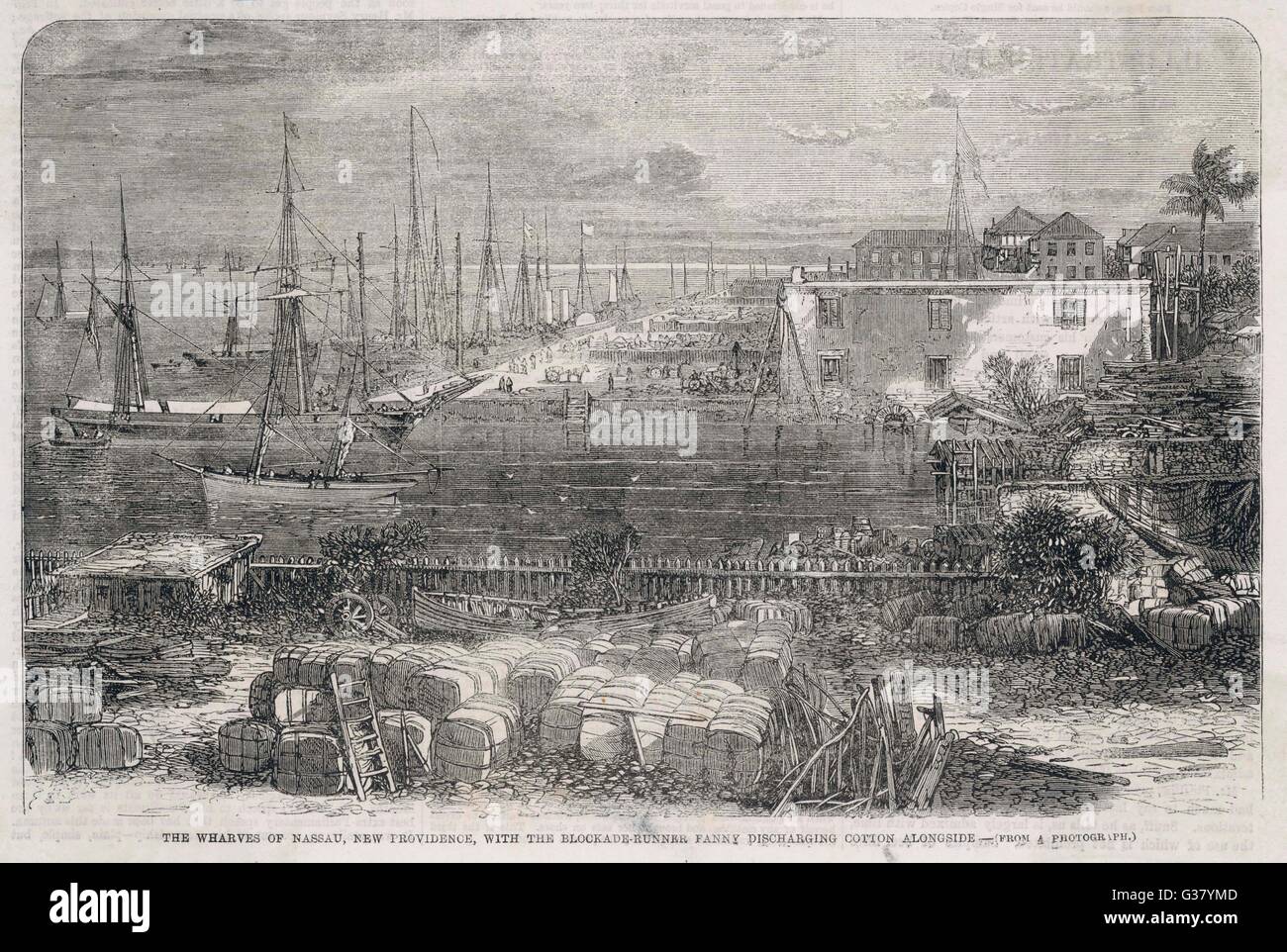 Nassau während des amerikanischen Bürgerkrieges. Der Raddampfer "Fanny", dargestellt an der Wharf ist ein Blockadebrecher von der Konföderation, Entladung Baumwolle Datum: 1864 Stockfoto