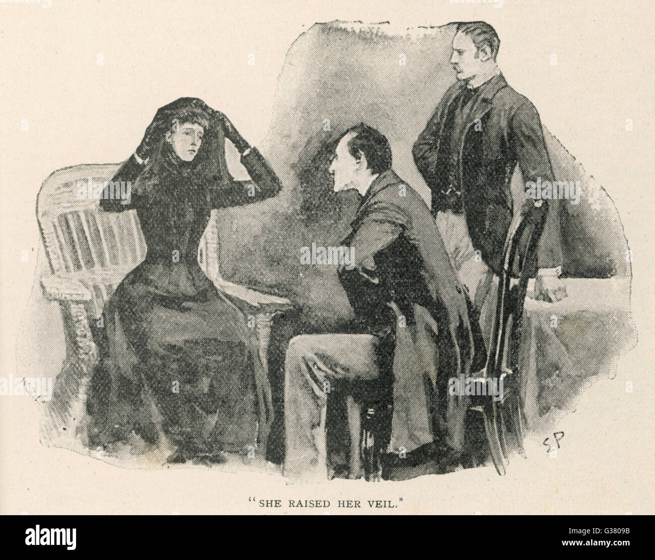 DIE "kam ADVENTURE OF THE SPECKLED BAND sehr früh einer jungen Frau, in schwarz gekleidet, um uns zu sehen...".     Datum: Erstveröffentlichung: 1892 Stockfoto