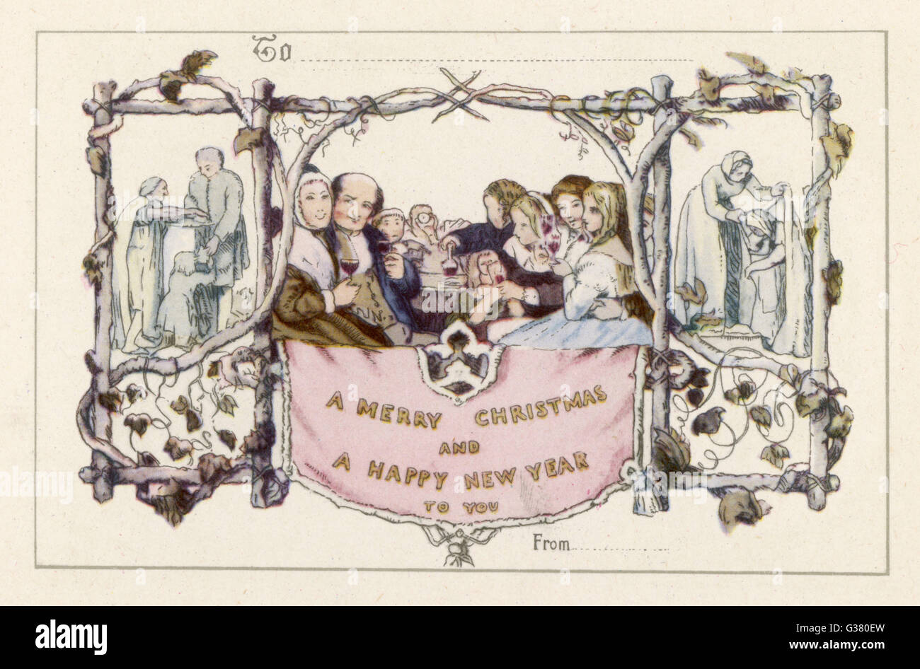 Angeblich die erste Weihnachtskarte, dies wurde 1843 von Horsley entworfen, und eine farbige Version von Sir Henry Cole in 1846 Datum verschickt: 1843-1846 Stockfoto