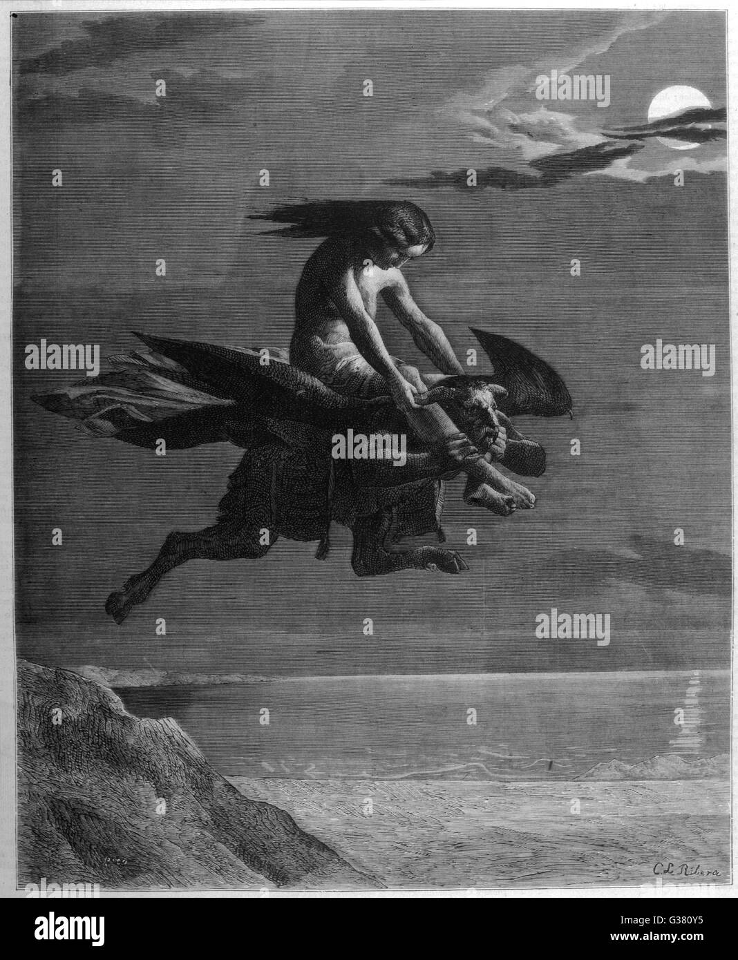 Eine spanische Hexe fliegt nach dem Sabbat auf der Rückseite eines gehörnten, Paarzeher Dämons Datum: 1875 Stockfoto