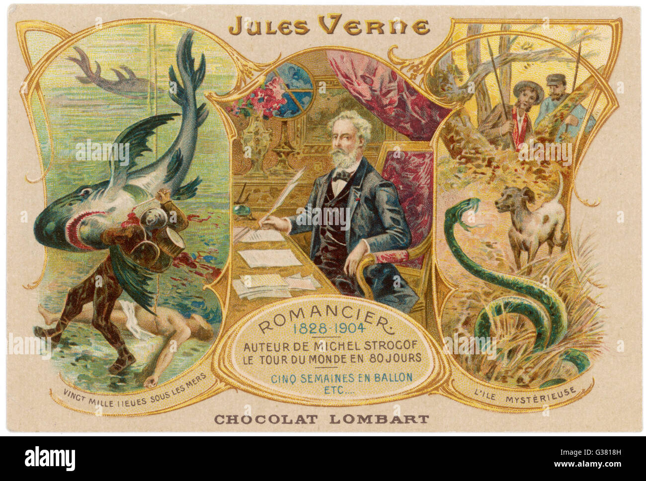 JULES VERNE mit Szenen aus "20.000 Lieues Sous Les Mers" und "L'Ile Mysterieuse" Datum: 1828-1905 Stockfoto