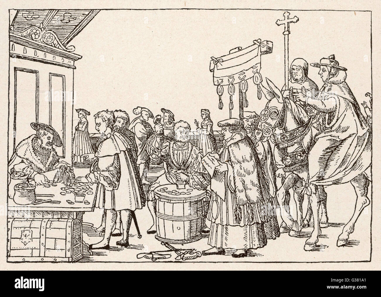 Den Verkauf der Ablässe von katholischen Geistlichen in einem deutschen Marktplatz Datum: Anfang des 16. Jahrhunderts Stockfoto