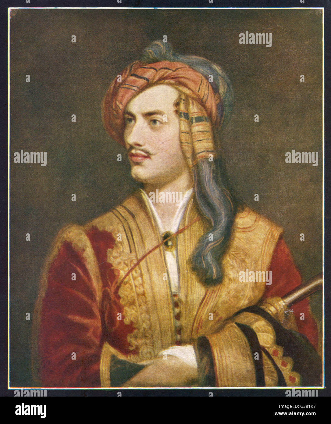 GEORGE GORDON, LORD BYRON, englischer Dichter, hier abgebildet in seinem Kostüm als griechische Patriot Datum: 1788-1824 Stockfoto