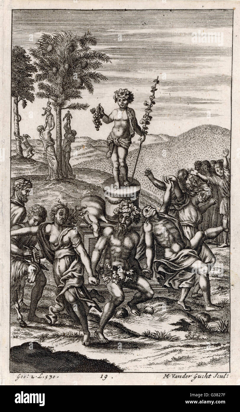 Country-Folk feiern ein fest zu Ehren des Gottes des Weines: Bacchus. (Griechisch: Dionysos)       Datum: Erstveröffentlichung: 29 v. Chr. Stockfoto
