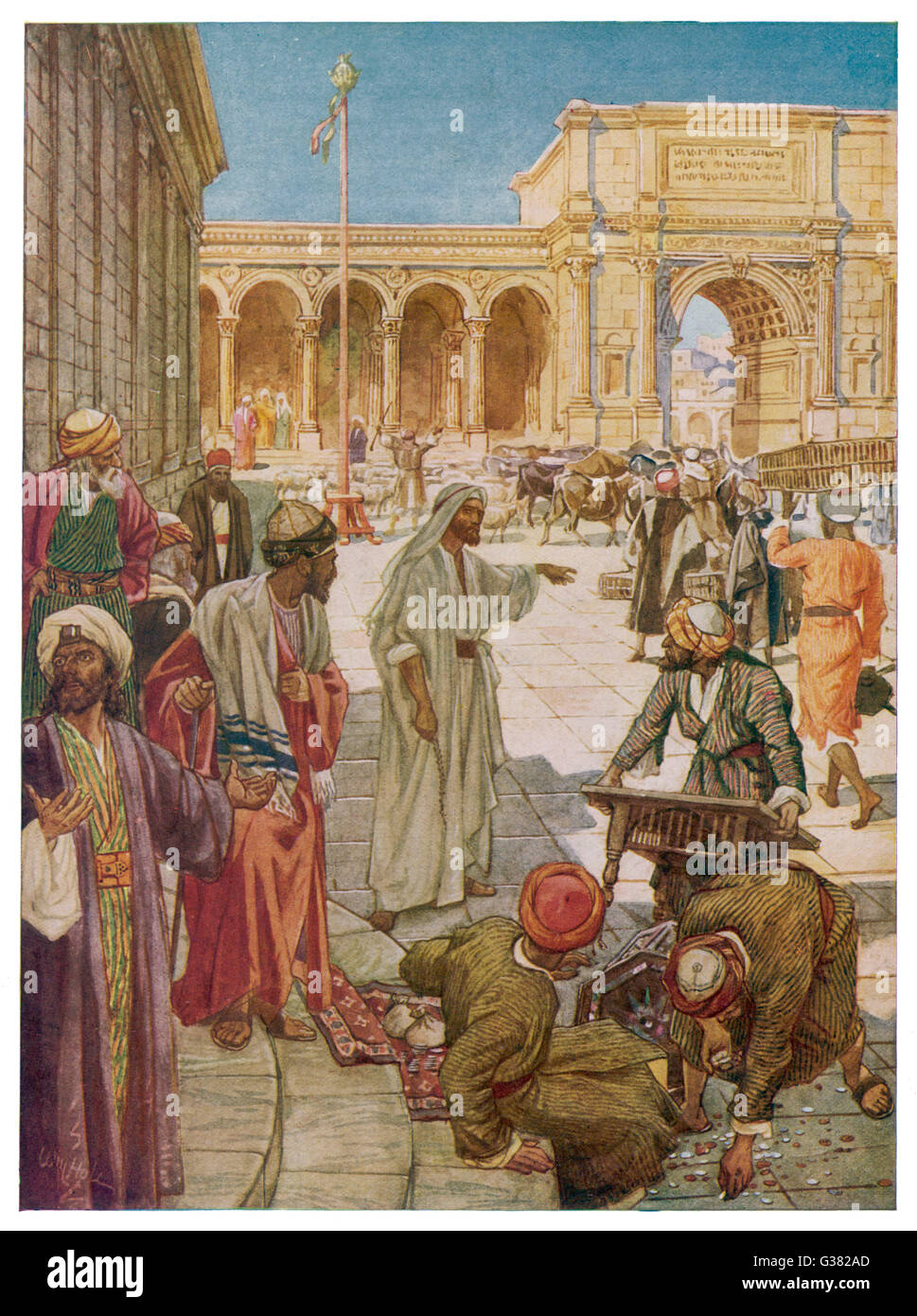 Jesus löscht die Händler und Geldwechsler aus dem Gelände des Tempels von Jerusalem Stockfoto