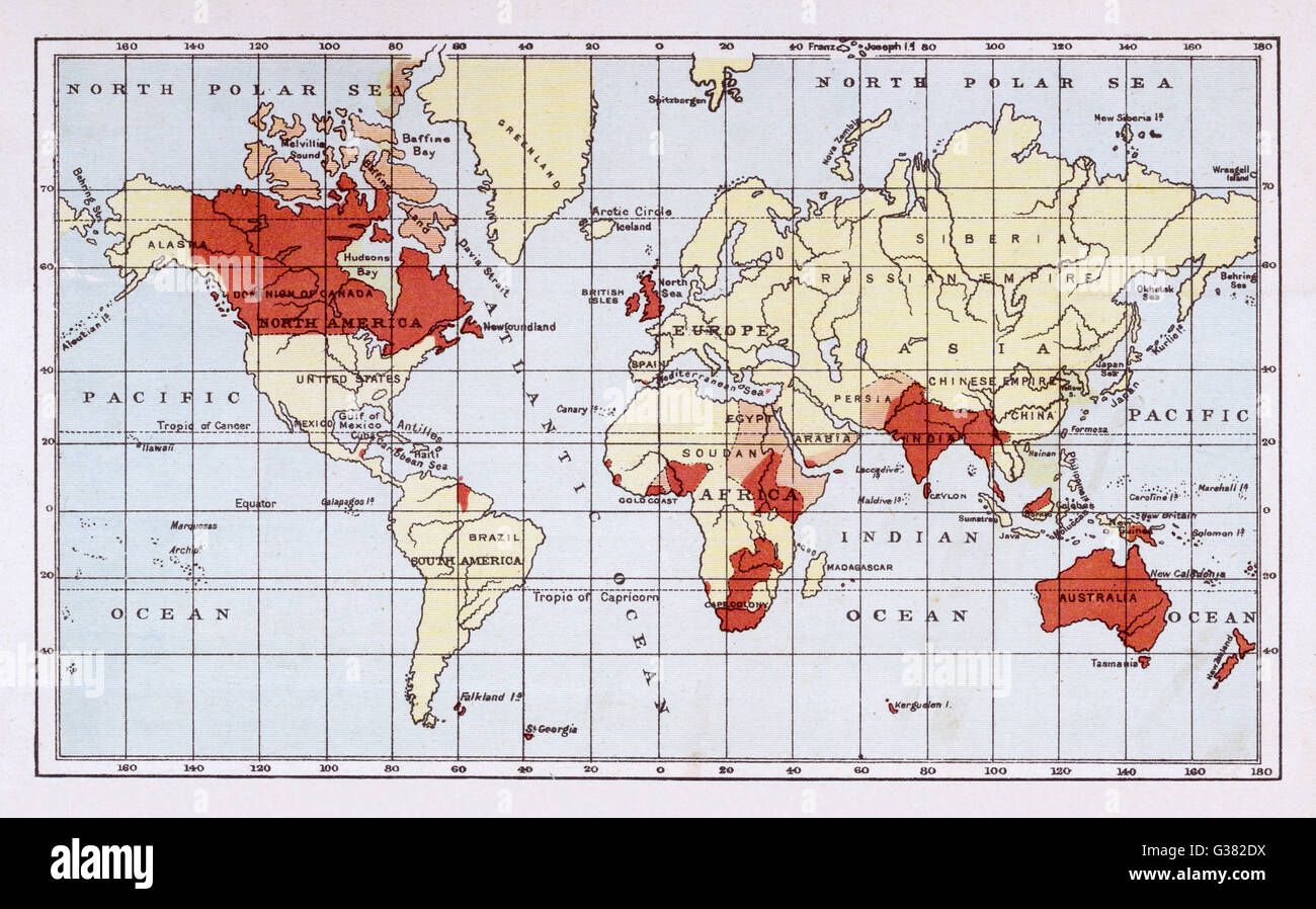 Diese Karte zeigt das Ausmaß des britischen Empire ca. 1880 Datum: um 1880 Stockfoto