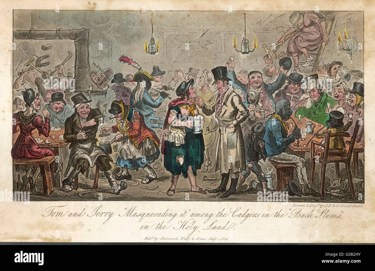 Kämpfen, Glücksspiel, ist trinken und vieles mehr in diesem niedrigen Taverne statt.       Datum: 1820 Stockfoto