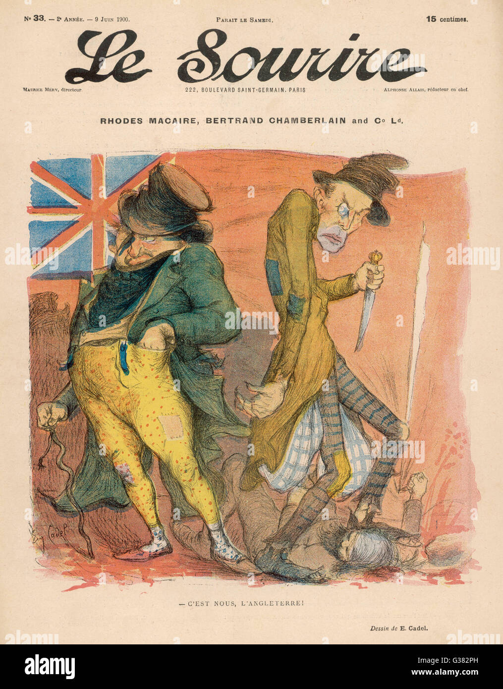 Eine perfide John Bull im Bunde mit Jack the Ripper - das ist die wahre Natur von England.  Satire auf Cecil Rhodes und Chamberlain zum Zeitpunkt der Entente Cordiale.     Datum: 1853-1902 Stockfoto