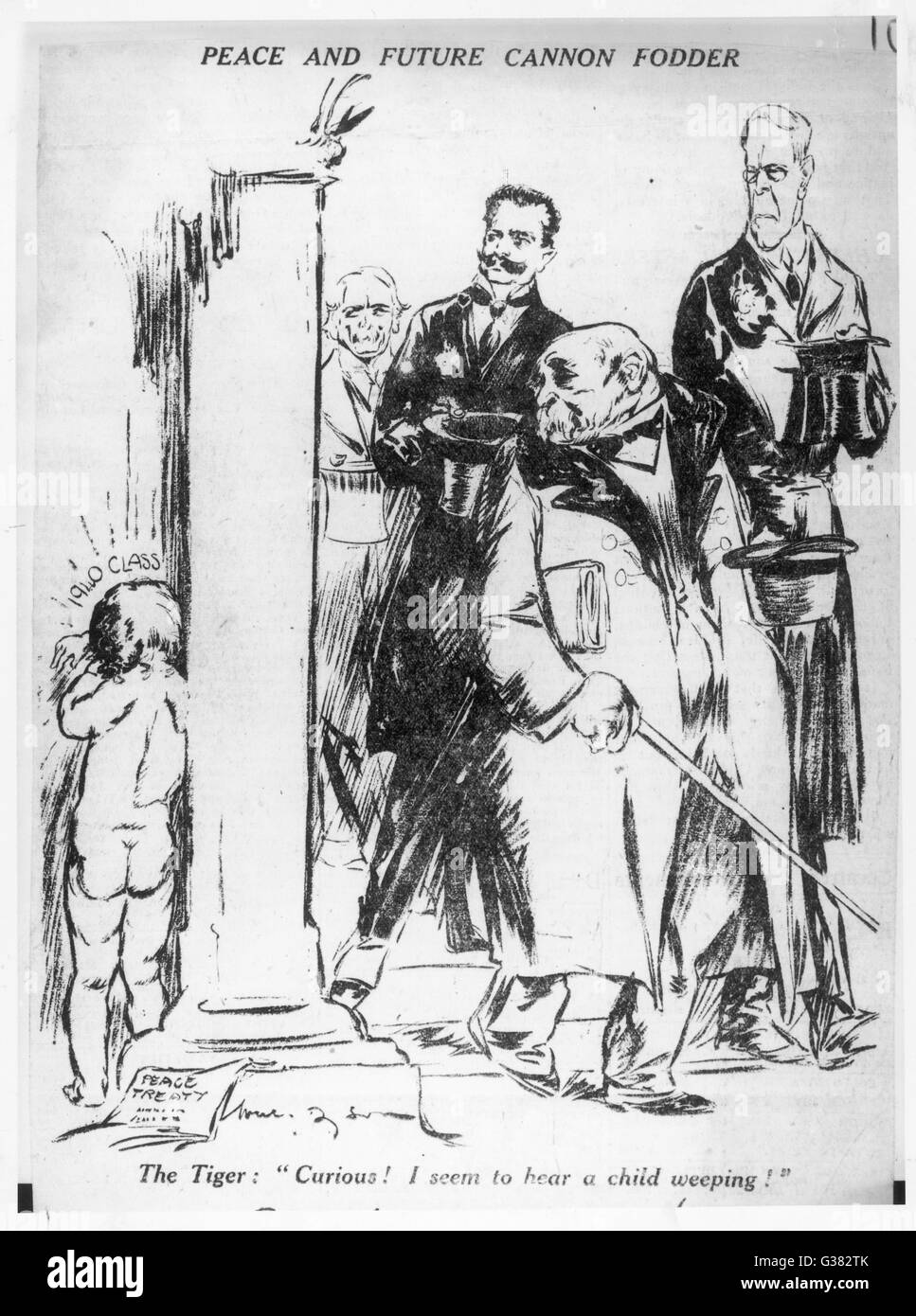 "Frieden und künftige Kanonenfutter" - eine Karikatur von 1920 von der australischen Künstlerin Will Dyson. "Der Tiger" war ein Spitzname für Georges Clemenceau und in der Beschriftung, Clemenceau sagt: "Curious! Ich scheine ein Kind Weinen zu hören." Eine vernichtende endictmen Stockfoto