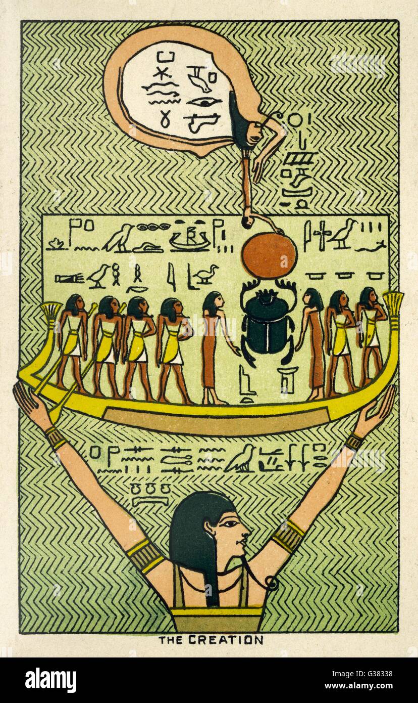 Eine ägyptische Darstellung der Schöpfung; getragen von der Erde, Leben zu empfangen, aus dem Himmel, von der Sonne gewärmt segelt das Schiff des Lebens auf dem Nil Stockfoto