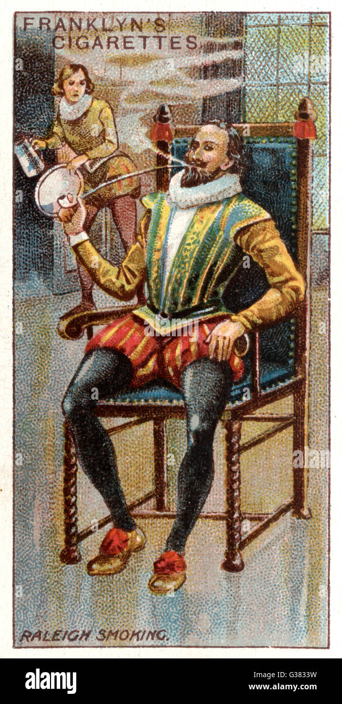 SIR WALTER RALEIGH - haben die Gewohnheit des Rauchens während seiner amerikanischen Reise abgeholt wird gedacht, von seinen Dienern auf Feuer sein und wird mit einem Becken Wasser Datum übergossen: 1554-1618 Stockfoto