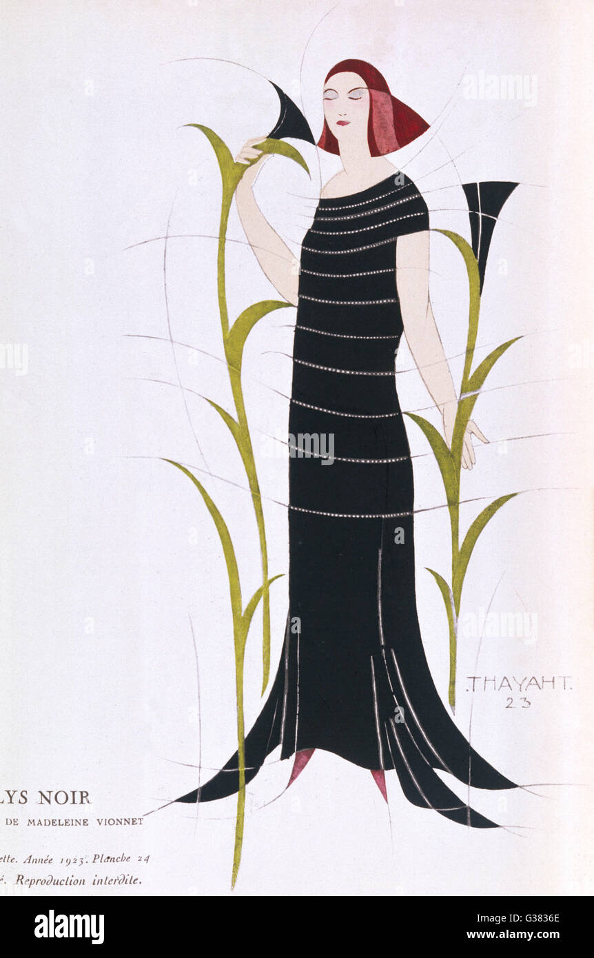 Schwarzes Kleid von Madeleine Vionnet inspiriert von den letzten  archäologischen Entdeckungen in Ägypten: röhrenförmigen langen Mieder mit  horizontalen Bändern gored Rock mit Taschentuch Saum. Datum: 1923  Stockfotografie - Alamy