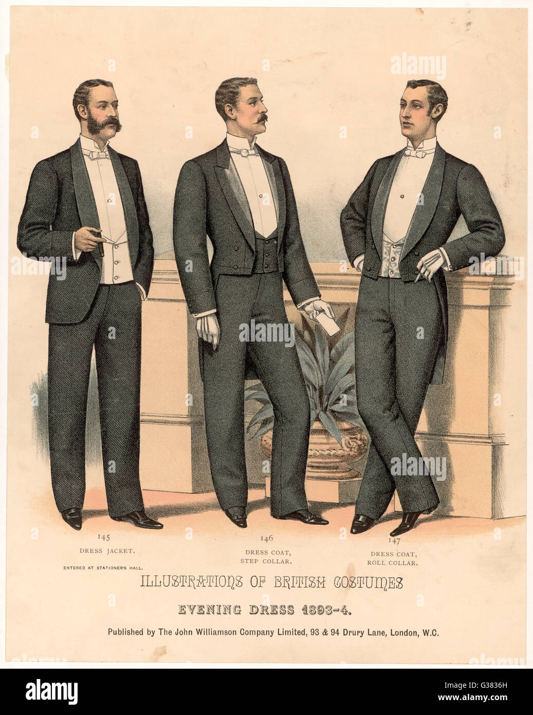 Drei Varianten der Abendkleid für 1893-4: Kleid Schweif Mäntel mit roll-Kragen oder Schritt Kragen &amp; Kleid Jacke. Ein Mann trägt eine schwarze Weste &amp; die anderen Pumpen tragen weiß.  1893 Stockfoto