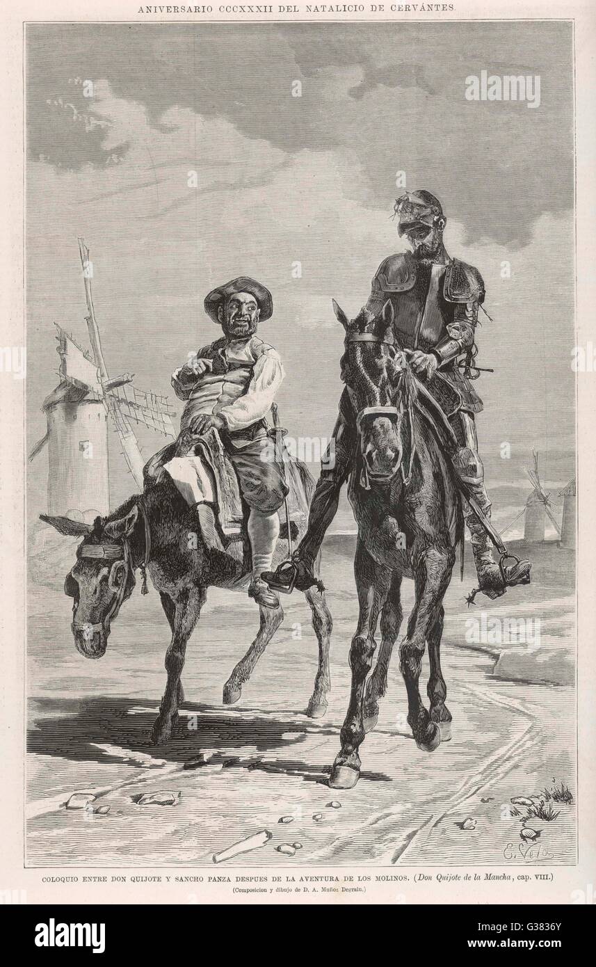 Don Quijote und Sancho Panza diskutieren den Kampf mit den Windmühlen Datum: Erstveröffentlichung: 1605-15 Stockfoto