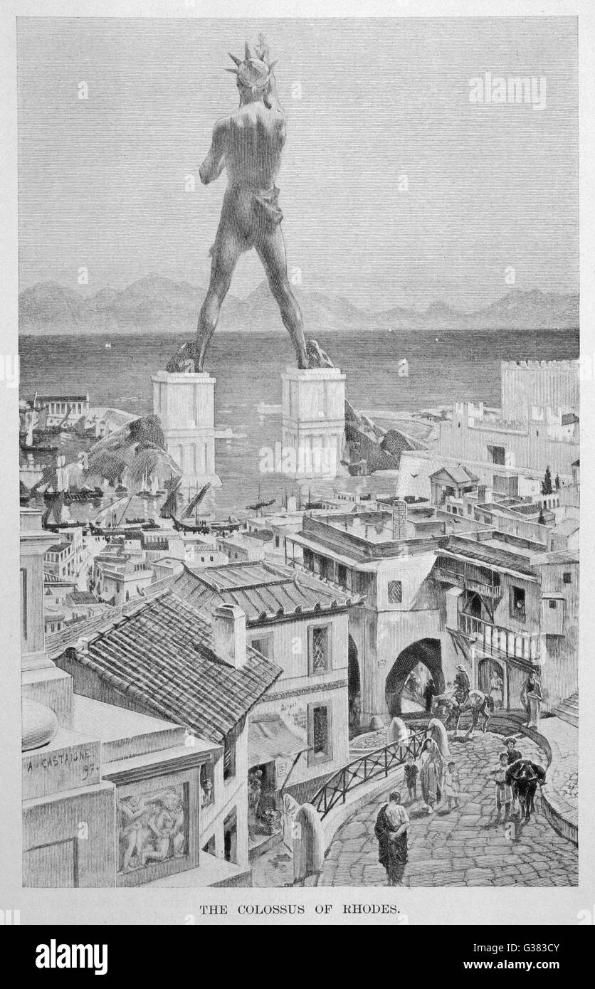 Eine Bronzestatue des Apollo, 100 Fuß hoch, am Eingang des Hafens von Rhodos in etwa 280 v. Chr. errichtet.  Ein Erdbeben in 224 v. Chr. ließ es fallen von ihren Sockeln. Stockfoto
