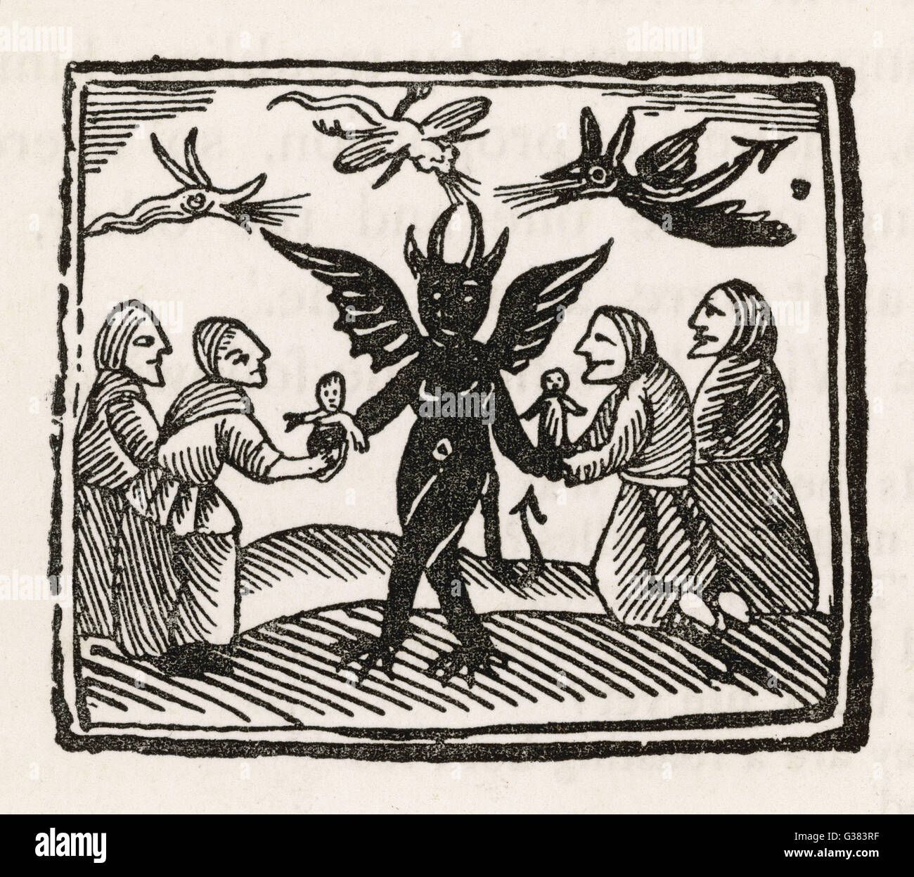 Der Teufel tanzt mit vier von seinen Dienern, während Dämonen tummeln sich über ihre Köpfe hinweg Datum: um 1600 Stockfoto