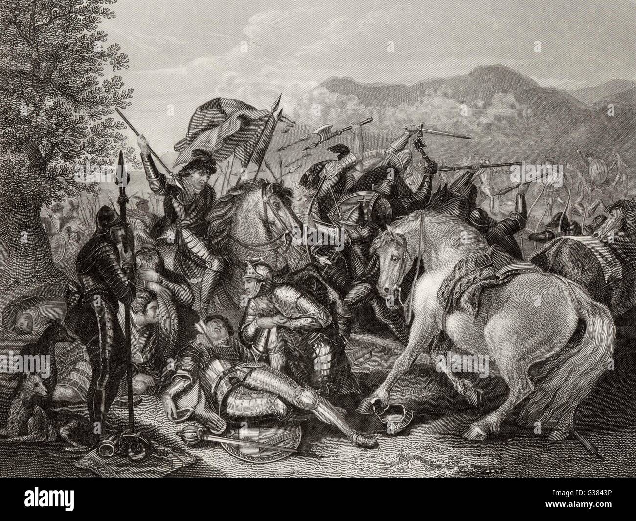 Krieg der schottischen Unabhängigkeit Henry Percy (Hotspur) der schottischen Schanzen angegriffen und wurde völlig besiegt.  Die Schlacht wird in Ballard von Chevy Chase gefeiert.     Datum: 15 August 1388 Stockfoto