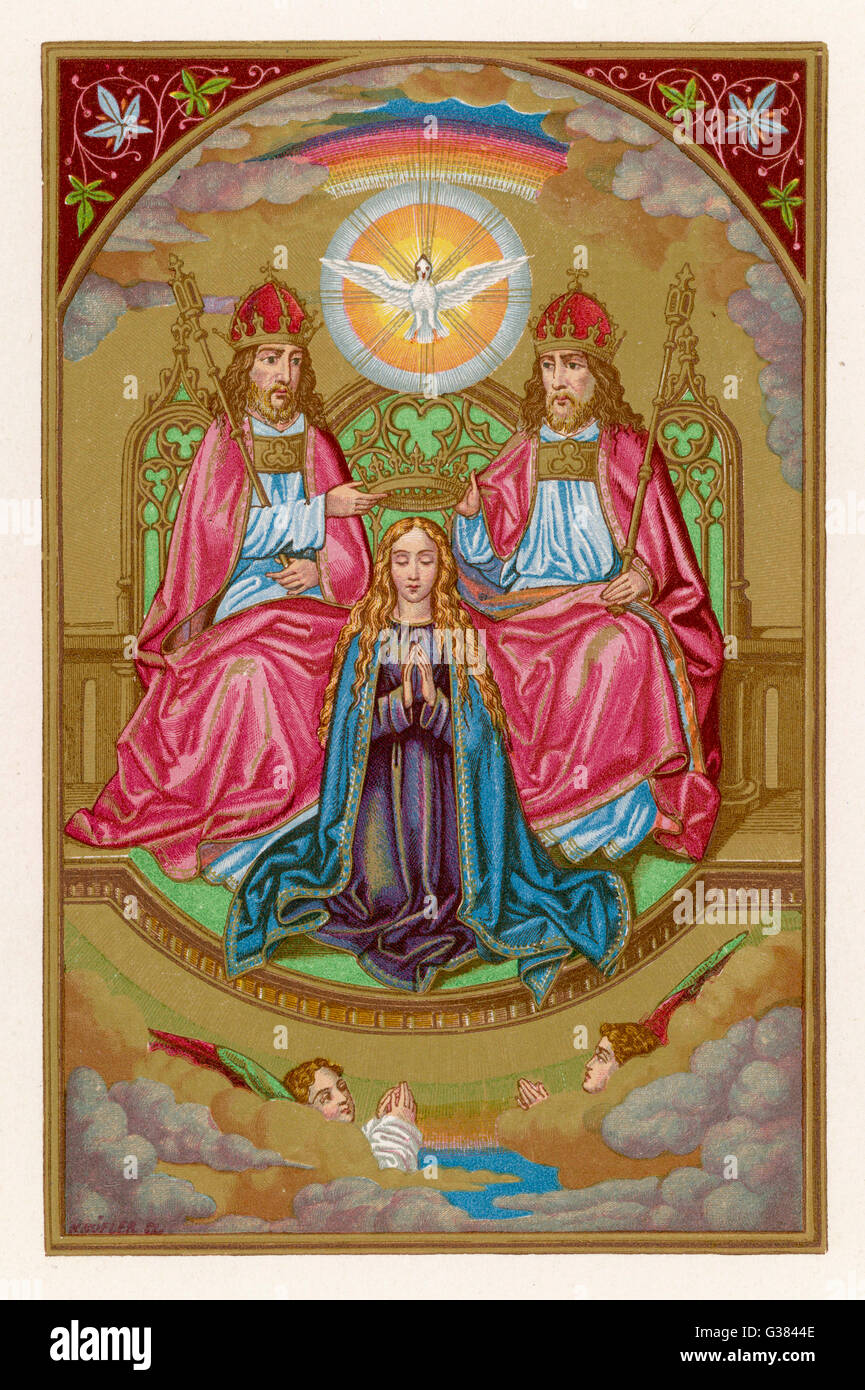 Jungfrau und Mutter Jesu; in den Prozess der Königin des Himmels gekrönt durch Gott, Jesus und dem Heiligen Geist dargestellt: 1. Jahrhundert Stockfoto