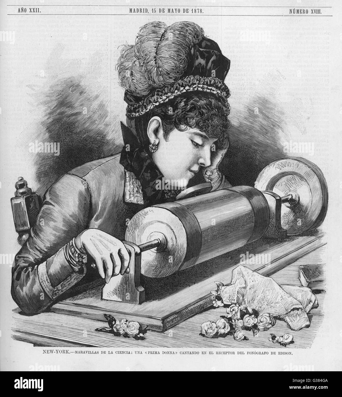 Aufnahme auf Edisons Phonographen Zeitpunkt New York Sänger: 1878 Stockfoto