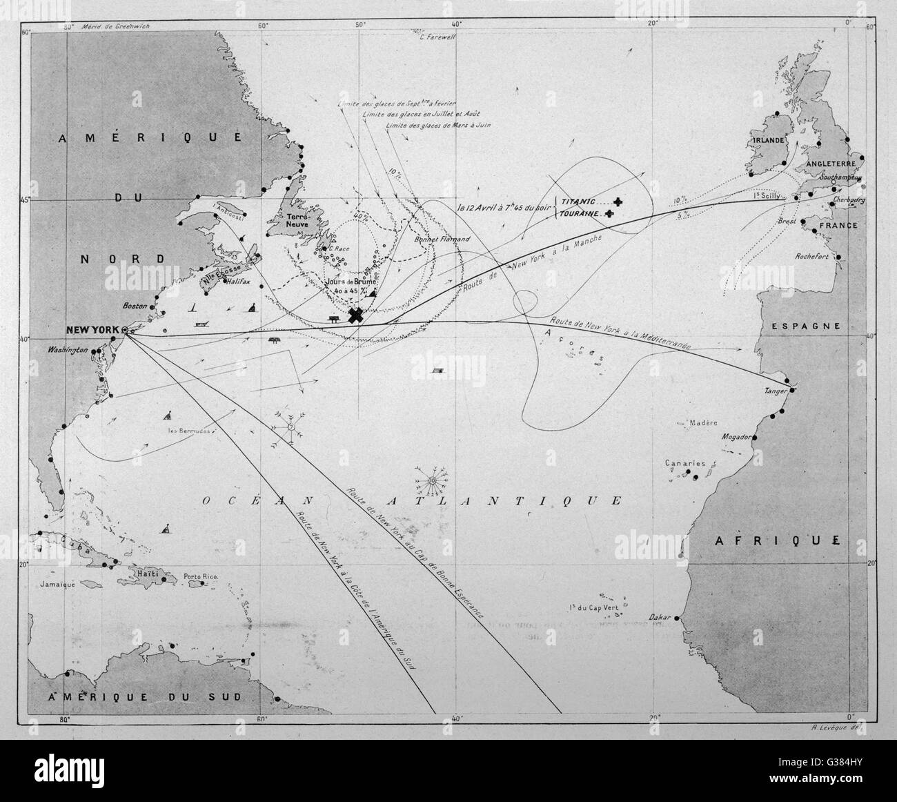 Pilot Diagramm die beabsichtigte Reise der Titanic über den Atlantischen Ozean.       Datum: 1912 Stockfoto