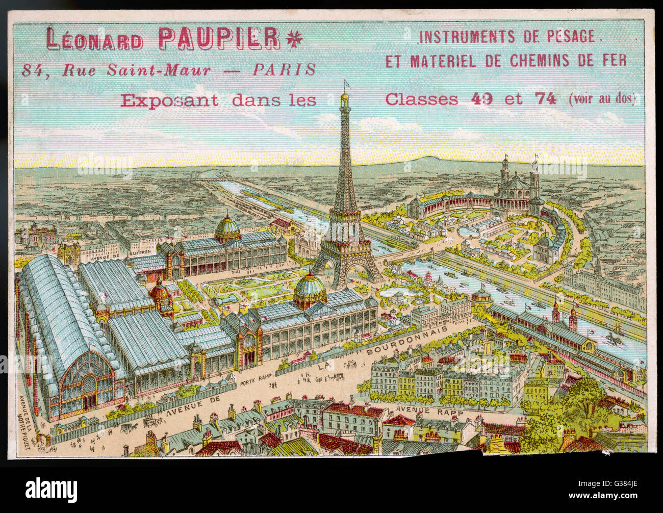 Vogelperspektive der Weltausstellung Paris 1889, mit dem Eiffelturm und dem Trocadero: 1889 Stockfoto