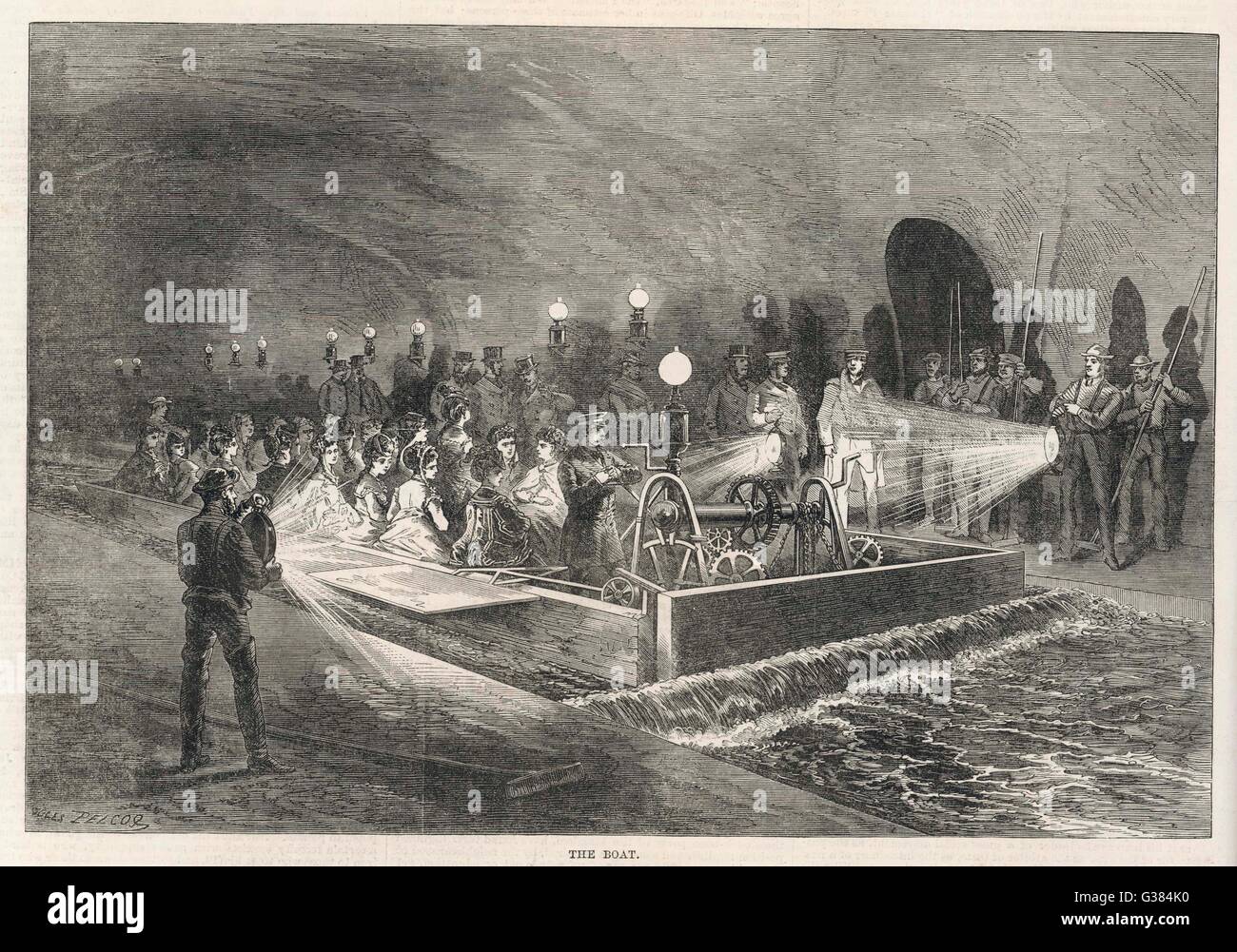 Besuch in der Kanalisation von Paris - die Damen sind mit einem speziellen Boot durchgeführt.       Datum: 1870 Stockfoto