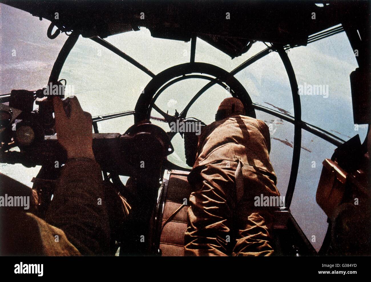 Deutsche Maschinengewehr im Cockpit eines Bombers - wahrscheinlich eine Heinkel HE-111.       Datum: 1940 Stockfoto