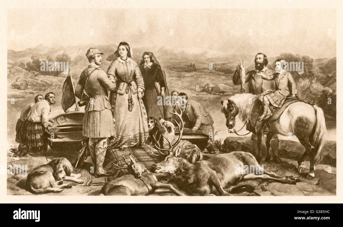 Königliche Tierkampf: Königin Victoria und Prinz Albert Hirsch Jagd mit jungen Prinzen "Bertie" (später Edward VII) in Schottland. Datum: September 1853 Stockfoto