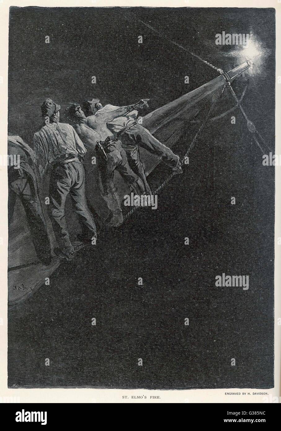 Segler in der Takelage alarmiert durch das Auftreten von St. Elmo Feuer an der Spitze von einem Spar Datum: 1894 Stockfoto