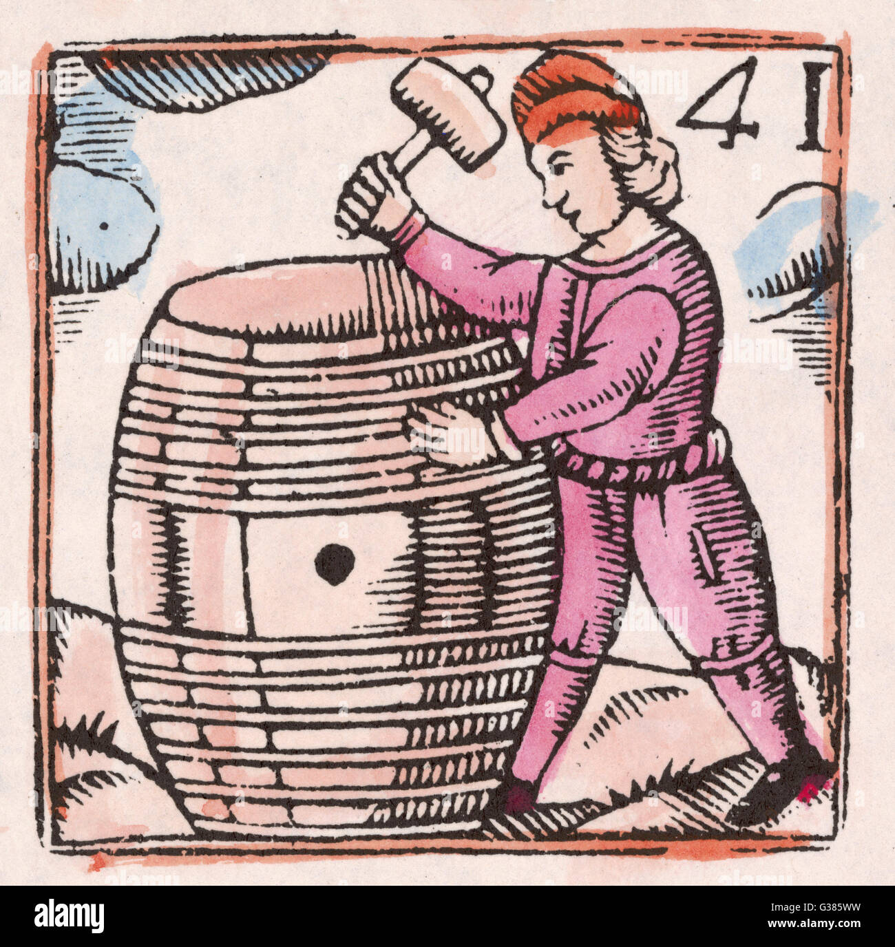 Ein Cooper stellt den letzten Schliff in einem Weinfass.        Datum: 17. Jahrhundert Stockfoto