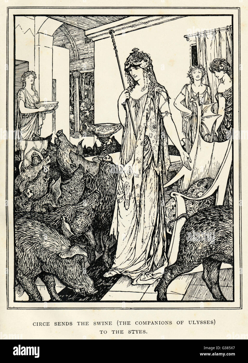 Die Zauberin Circe Odysseus Männer in Schweine verwandelt und sendet sie an die Gerstenkörner. Stockfoto