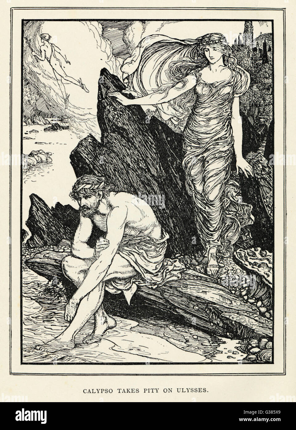 Calypso erbarmt auf Heimweh Odysseus und erklärt sich bereit, ihn zurück zu seiner Frau Penelope zu ermöglichen. Stockfoto