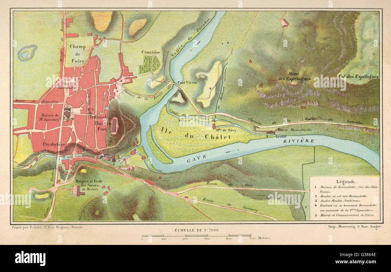 Die Stadt im Jahre 1858 Lourdes von Bernadette Vision, zeigt die Grotte von Massabielle in einiger Entfernung von der Stadt Datum: 1858 Stockfoto