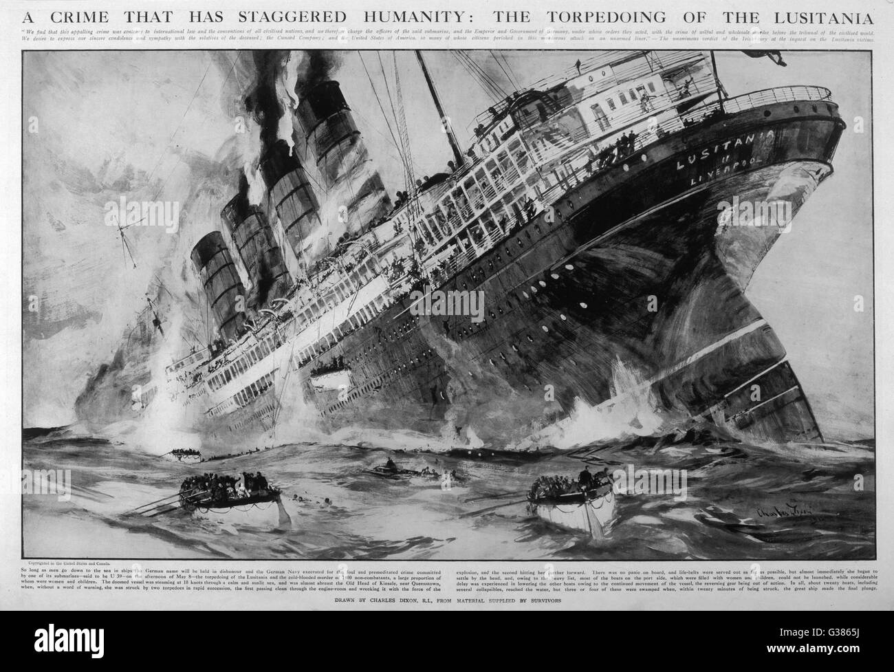 Das Cunard Passagierschiff sinkt mit dem Verlust von 1198 Leben nach wird vor der irischen Küste torpediert durch deutsches u-Boot u-20, während der Rückkehr nach Großbritannien aus Amerika.     Datum: 7. Mai 1915 Stockfoto