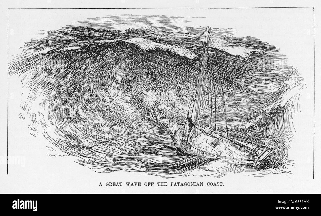 Joshua Slocum Begegnungen eine riesige Welle aus Patagonien im Zuge seiner Solo-Umrundung Datum: 1895 Stockfoto