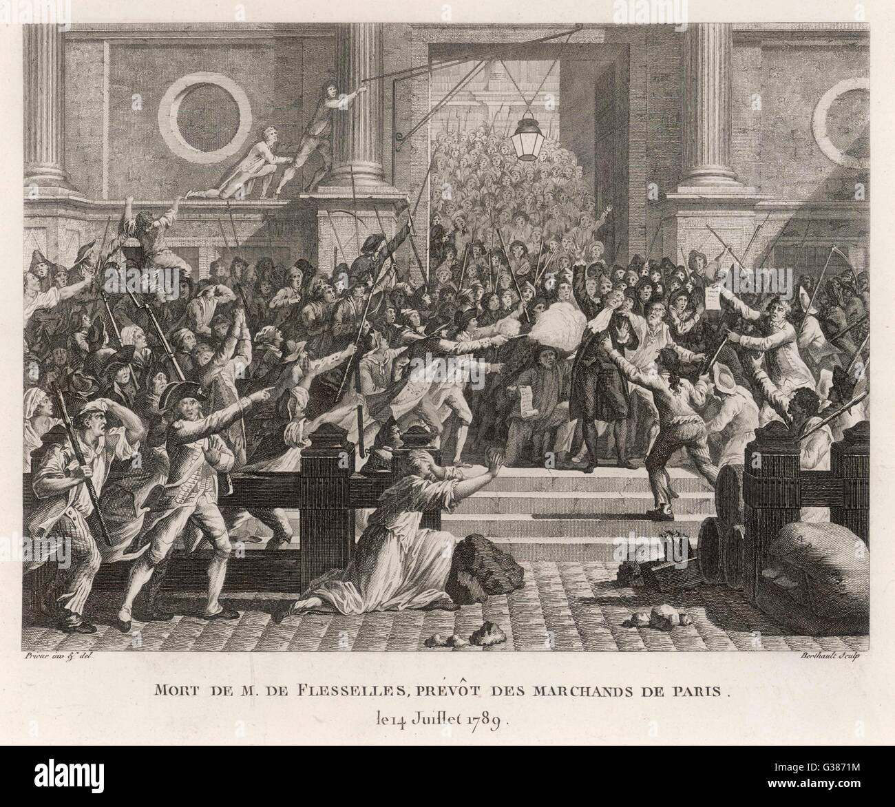 Die Bürger von Paris, verärgert durch Nahrungsmittelknappheit, wüten in den Straßen, plündern, wo sie nur können: unter den Opfern ist De Flesselles, Prevot der Paris Kaufleute Datum: 14. Juli 1789 Stockfoto