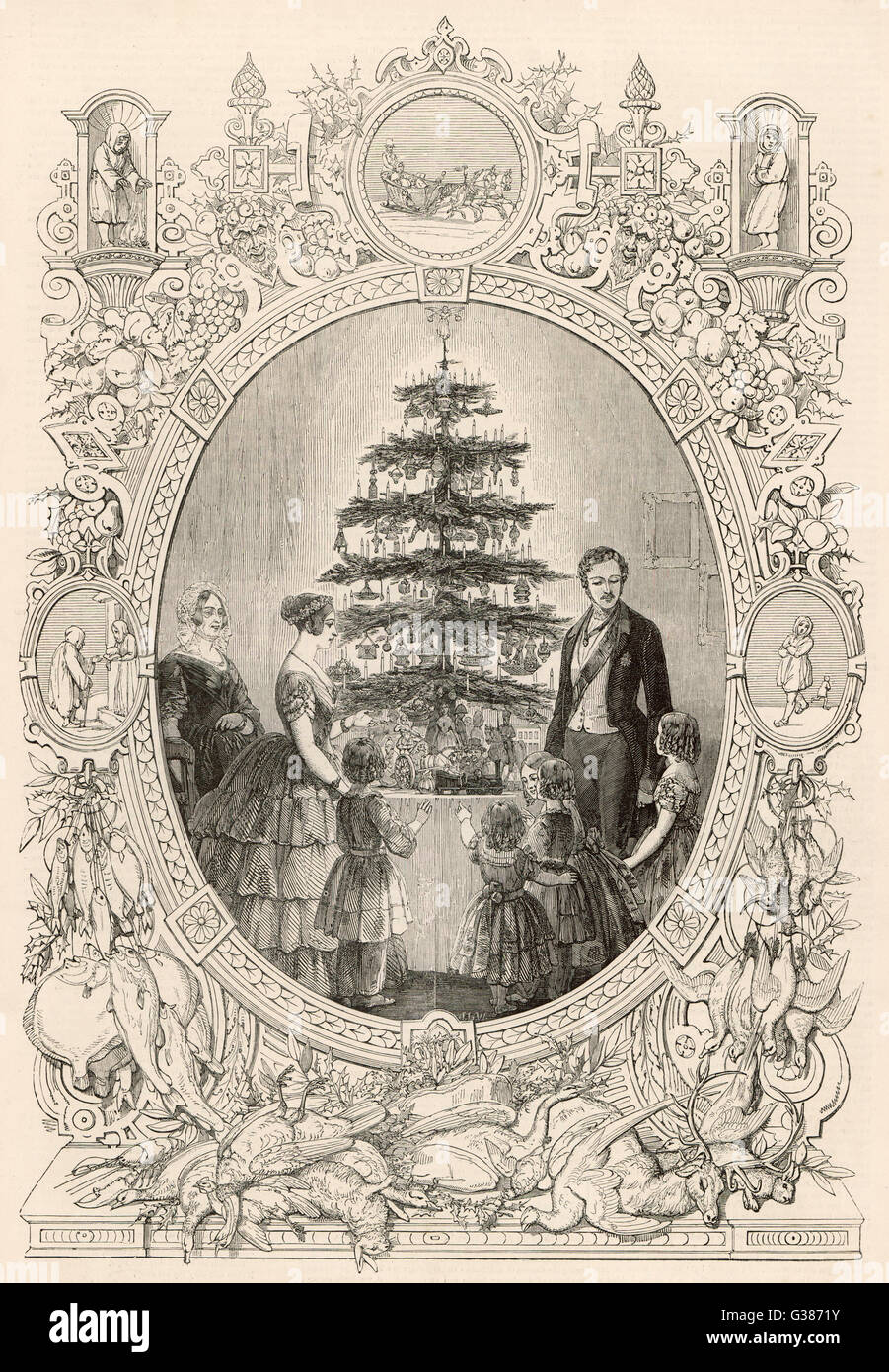 Königin Victoria, Prinz Albert und die königlichen Kinder versammeln sich um den Weihnachtsbaum auf Windsor Castle Datum: 1848 Stockfoto