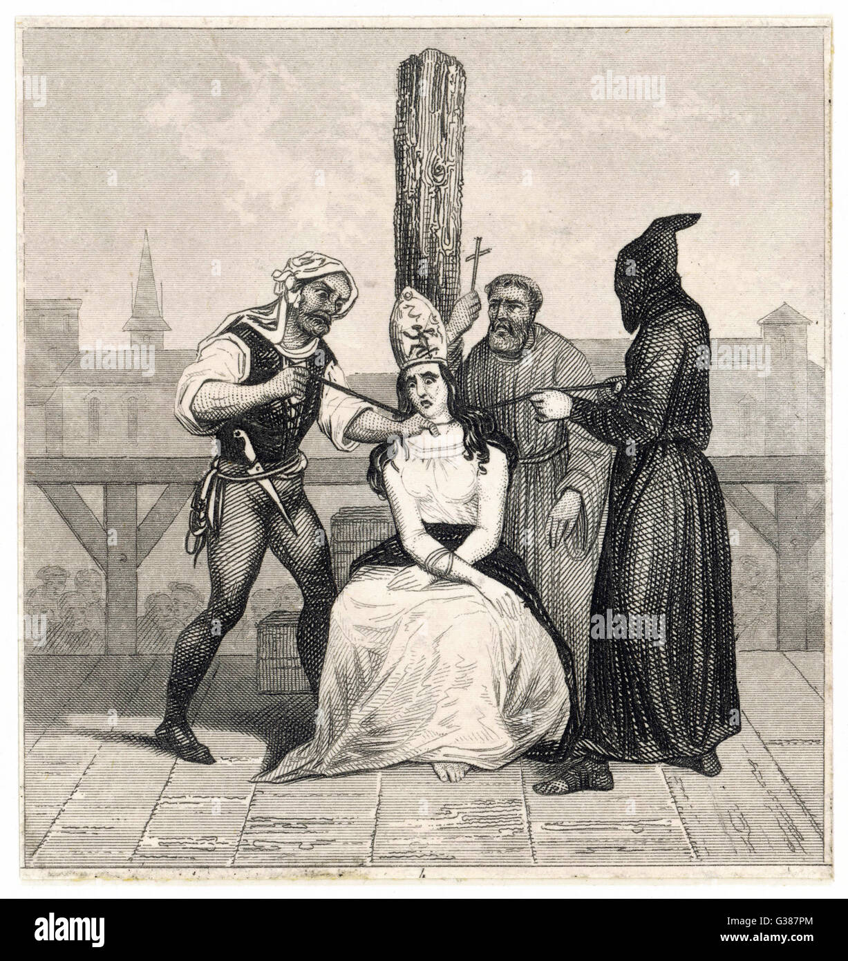 Spanischen Inquisitoren garrotte eine Frau, die sie, von der Sünde verurteilt haben der holding religiösen Ansichten, die von ihren eigenen Datum unterscheiden: 16.-17. Jahrhundert Stockfoto