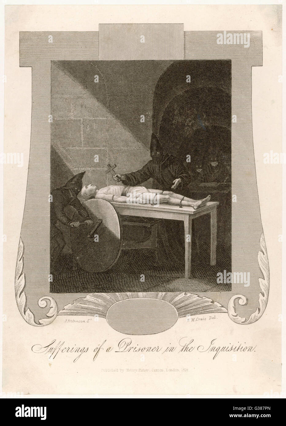 Ein Inquisitor streckt ein Kruzifix, ein Opfer, während ein anderes ihm erstreckt sich auf dem Gestell Datum: 16.-17. Jahrhundert Stockfoto