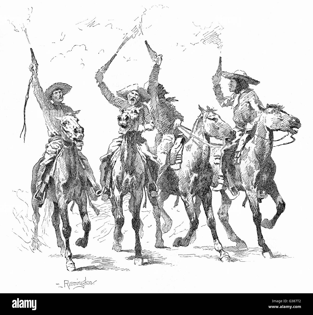 Cowboys auf dem Rücken der Pferde zeigen durch Brennen ihren Gewehren in die Luft Datum: 1888 Stockfoto
