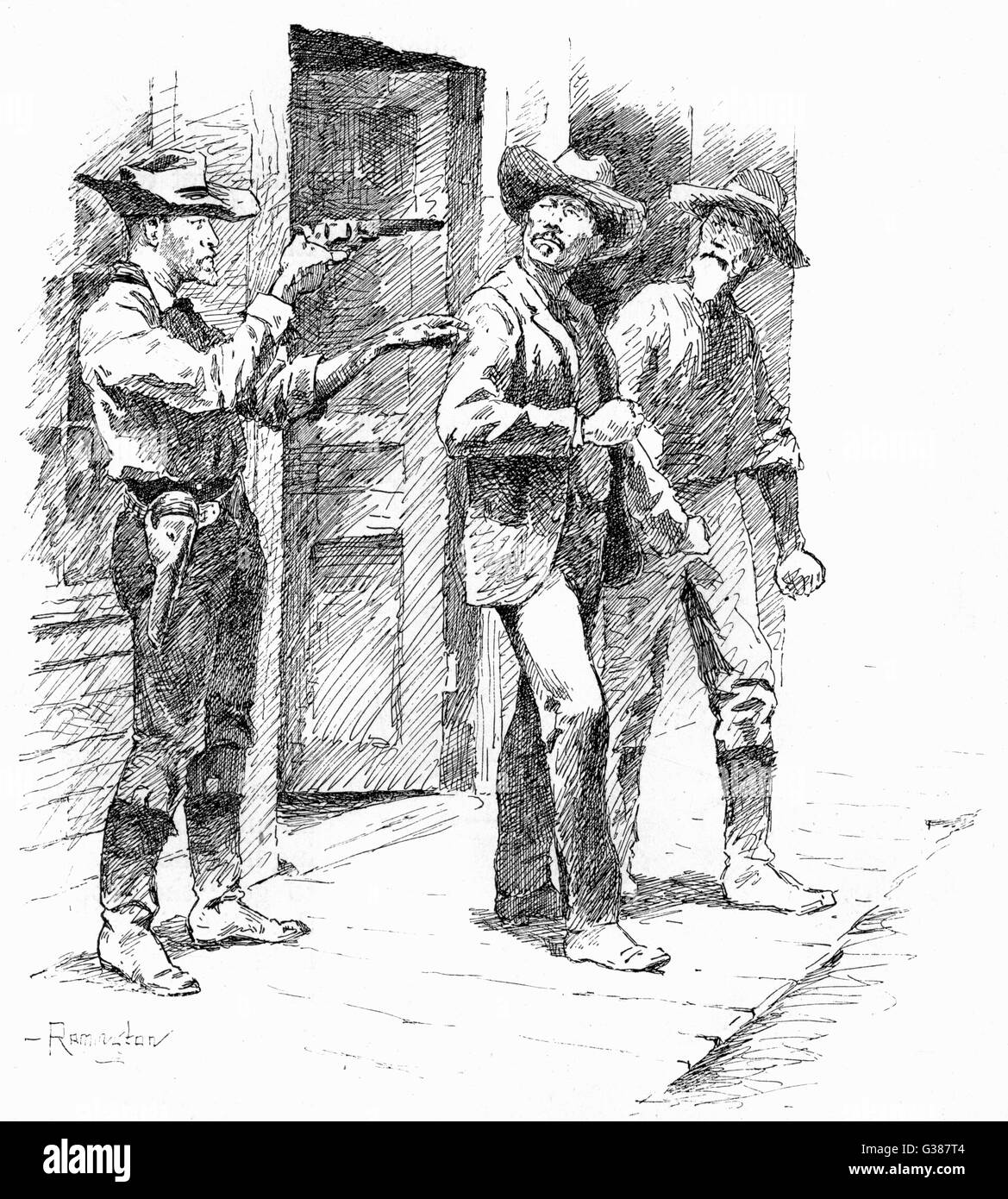 "Die Magie des Tropfens" ein Cowboy hält zwei Männer mit vorgehaltener Waffe Datum: 1888 Stockfoto