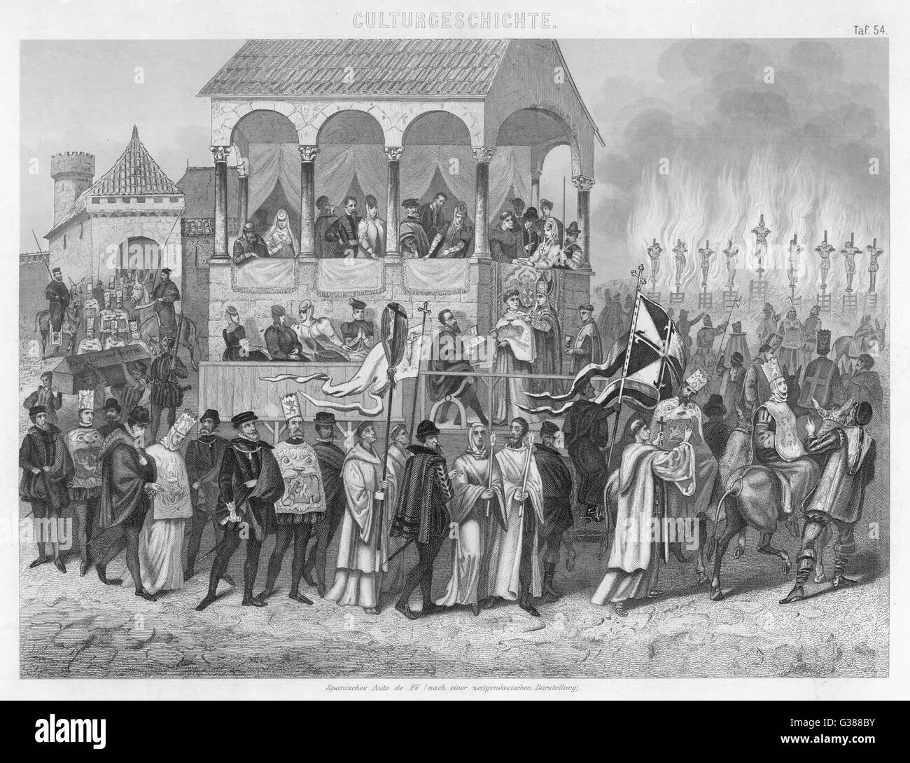 Ein Autodafé der spanischen Inquisition: während neun bereits brennen, weiter verurteilten Ketzer auf dem Scheiterhaufen, die durch Folter auf dem Pferderücken Datum geschwächt geführt werden: aus dem 16. Jahrhundert Stockfoto Ein Autodafé der spanischen Inquisition: während neun bereits brennen, weiter verurteilten Ketzer auf dem Scheiterhaufen, die durch Folter auf dem Pferderücken Datum geschwächt geführt werden: aus dem 16. Jahrhundert Stockfoto