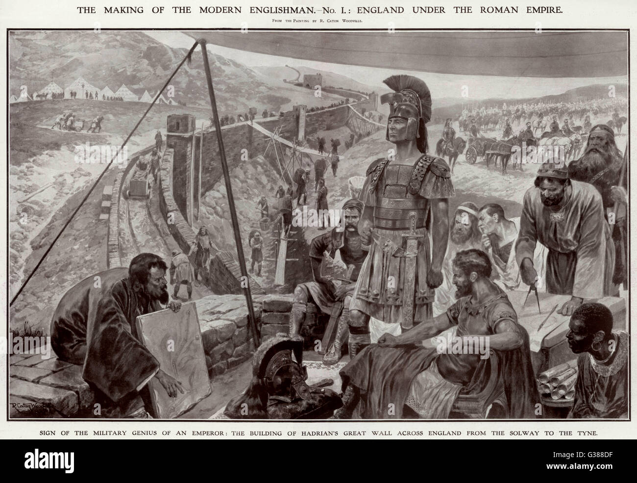 Roman Emperor Hadrian die Bauaufsicht der Hadrianswall. Ausgeführt von der Solway an der Tyne, wurde es gebaut, um die Pikten (Schotten) auszuschließen.     Datum: ca. 122 Stockfoto