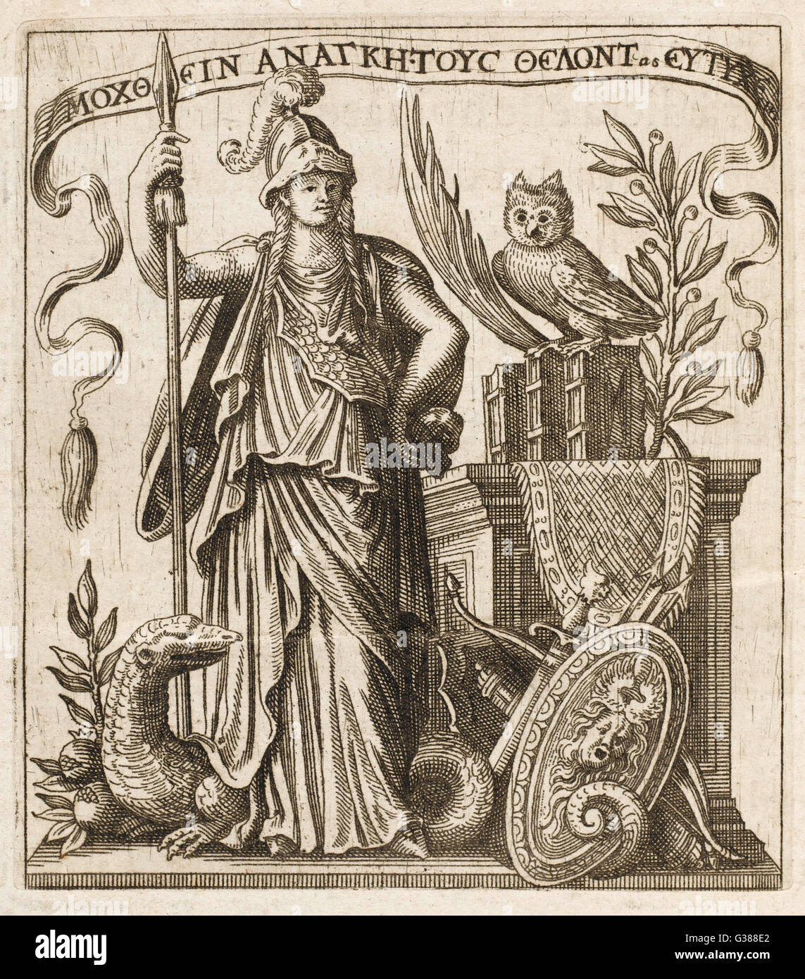 Die griechische Göttin der Weisheit, mit ihrer Eule und ein Drache Stockfoto