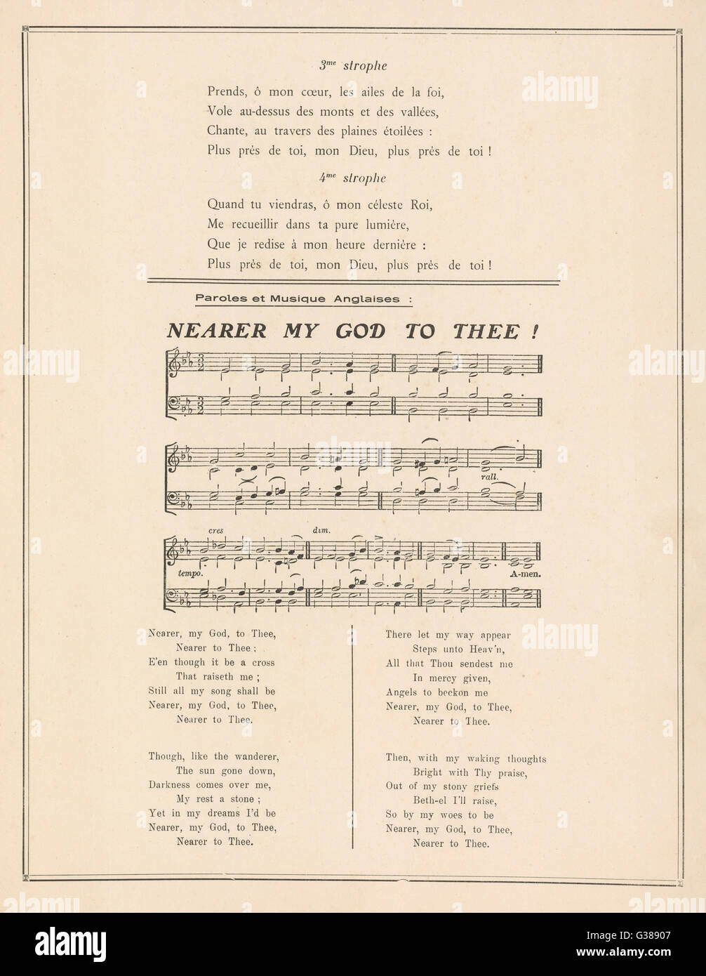 "Näher mein Gott zu dir" ("Plus Pre De Toi Mon Dieu") französische Musik Blatt die Hymne gespielt von der Band auf dem Deck der Titanic, als das Schiff sank.     Datum: 1912 Stockfoto