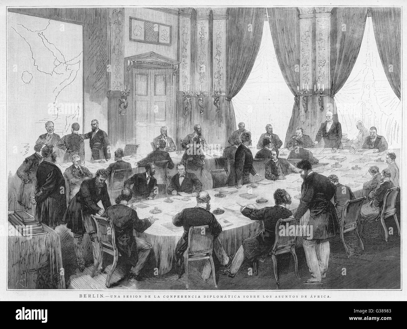 Berliner Konferenz Bismarck führt den Vorsitz in einer diplomatischen Konferenz, Veranstaltungen in Afrika Datum zu diskutieren: Dezember 1884 Stockfoto
