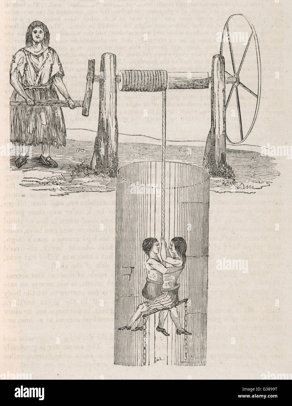 Zwei Kinder sind eine Frau, die eine Winde Datum unten den Minenschacht zu den Kohlenstoß gesenkt: 1842 Stockfoto