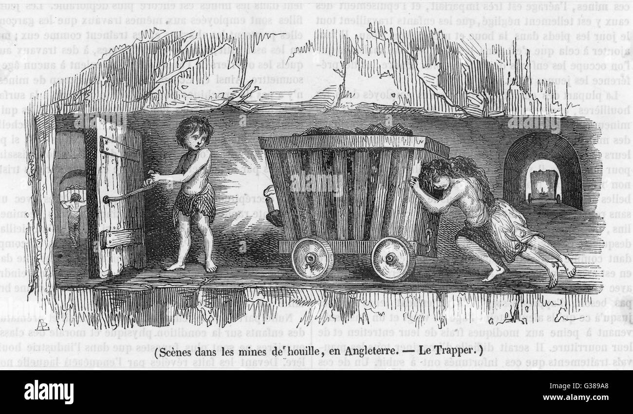 TRAPPER und Putter ein kleiner Junge - vielleicht nur 5 - hält eine Falltür geöffnet für ein Junge und ein Mädchen, ihre geladenen Wagen durch, 11 + 15 Stunden am Tag zu drücken...     Datum: 1842 Stockfoto